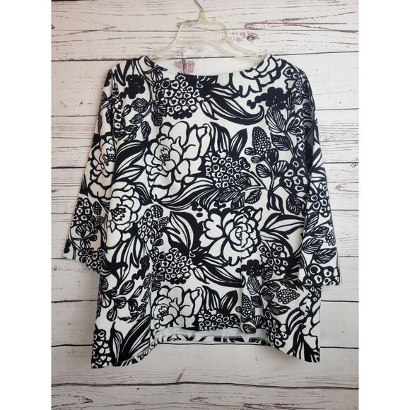 Talbots Black White Floral Boat Neck Textured Bold 3/4 Sleeves Top Women's Sz 2X - Picture 8 of 9